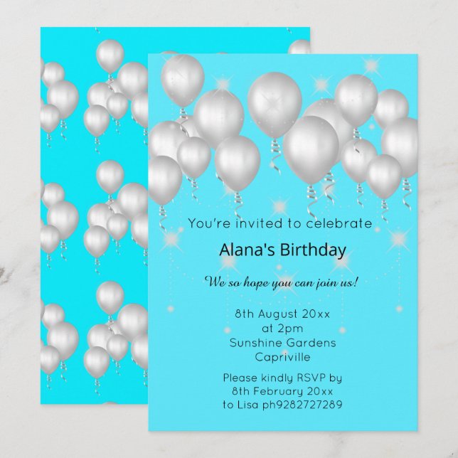 ROLIGT MODERN BALLOON BRIGHT BLUE BIRTHDAY INBJUDNINGAR (Fram/baksida)