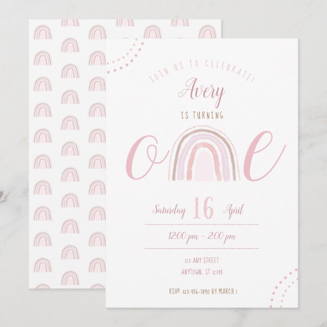 Roligt Modern Boho Rosa Rainbow Första födelsedag Inbjudningar (Fram/baksida)