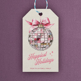 Roligt Modern Disco Boll Ornament Happiest Helgdag Presentetikett