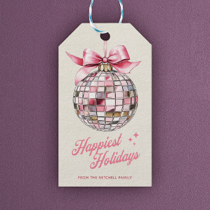 Roligt Modern Disco Boll Ornament Happiest Helgdag Presentetikett