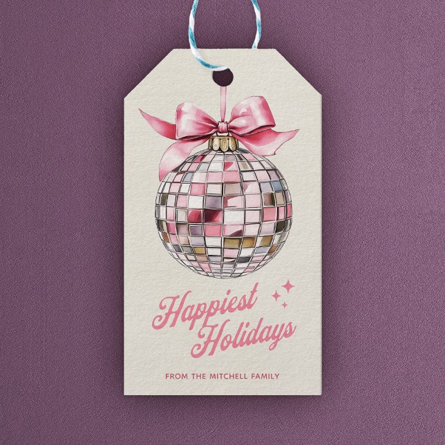 Roligt Modern Disco Boll Ornament Happiest Helgdag Presentetikett (Skapare uppladdad)