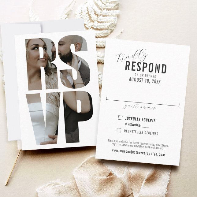 Roligt Modern Photo Ord Bröllop Formell OSA kort (Simple fun minimalist RSVP word photo frame typography formal wedding RSVP card with wedding website)