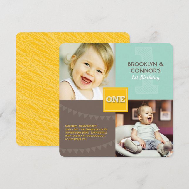 Roligt Modern Square ONE Baby Twillingar 1:a födel Inbjudningar (Fram/baksida)
