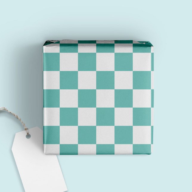 Roligt Modern Trendig Checkated Aqua + White Presentpapper (Skapare uppladdad)