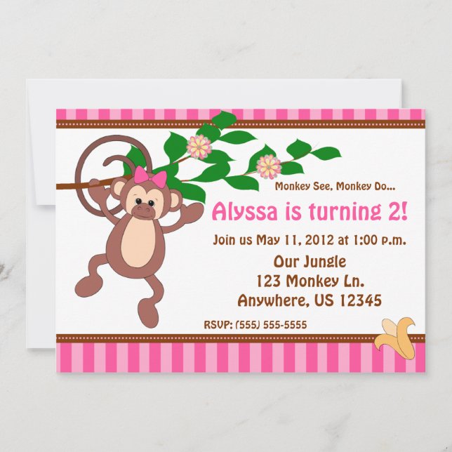 Roligt Monkey Girls Personlig Birthday Inledning Inbjudningar (Framsida)