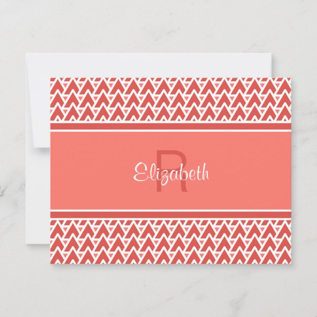 Roligt Monogram Coral Red Geometric Vinkla Mönster Anteckningskort (Framsida)