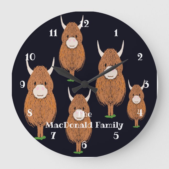 Roligt Monogram Scottish Highland Cow Stor Klocka (Framsida)