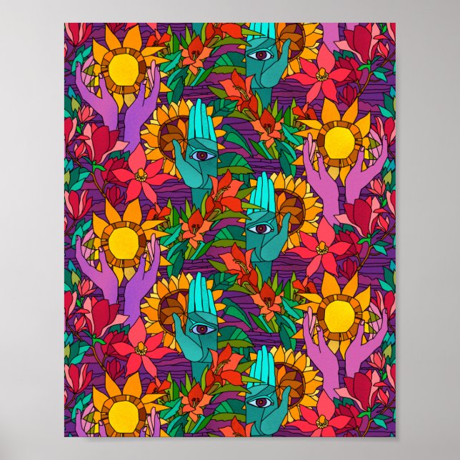 Roligt mönster med blommor och händer poster (Framsidan)