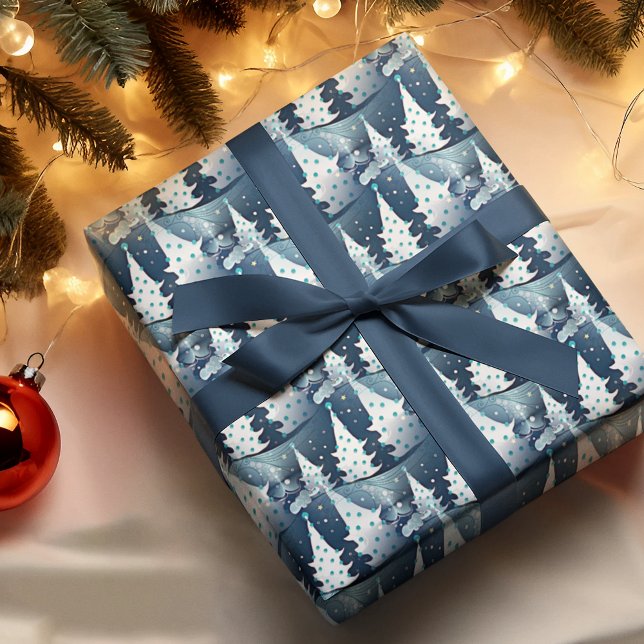 Roligt Mörk Light Blue Abstrakt Gräs Träd Mönster  Presentpapper (Skapare uppladdad)
