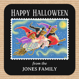 Roligt Mouse Broomstick Mice Witches Halloween Fyrkantigt Klistermärke