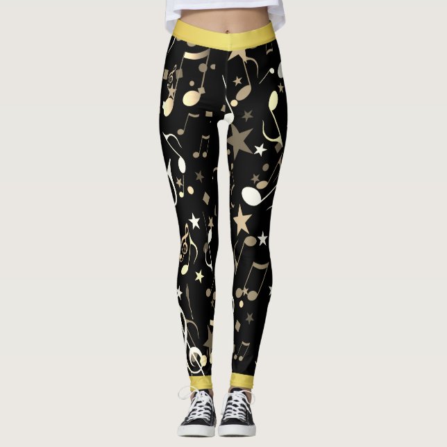 Roligt Musik noter om Black med Faux Guld Trim Leggings (Framsida)