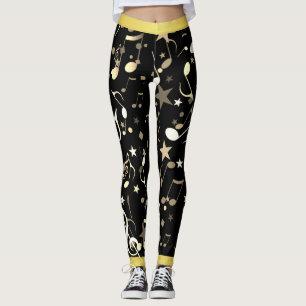 Roligt Musik noter on Black med Guld Trim Leggings