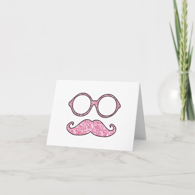 ROLIGT MUSTACHE AND GLASSES, TRYCKT ROSA GLITTER KORT (Framsida)