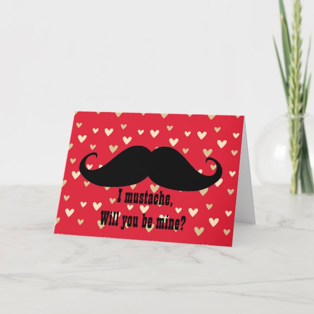 Roligt mustaschvalentin kort för hjärtor för (Framsida)