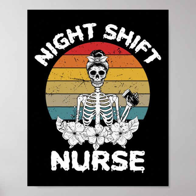 Roligt Nattskift Nurse Skeleton Halloween Rn Nurse Poster (Framsidan)