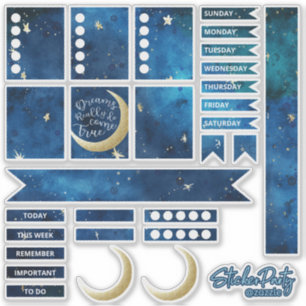 Roligt Navy Blue & Guld Måne & Stars Planner Stick Klistermärken