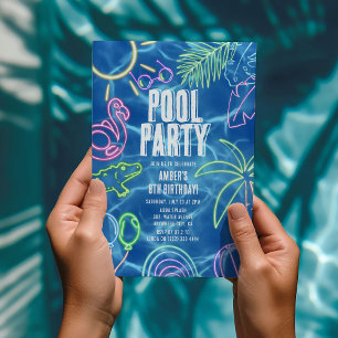 Roligt Neon Bassäng Party födelsedag Inbjudningar