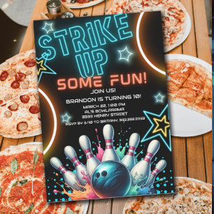 Roligt Neon Bowling Födelsedagsfest Inbjudningar