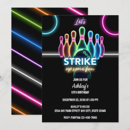 Roligt Neon Glow Night Bowling Birthday Inbjudningar