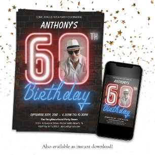 Roligt Neon Retro 60:e Födelsedagsfesten Inbjudningar