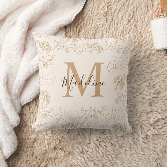 Roligt Neutral Pop Hund Mönster Elegant Monogram Kudde (Filt)