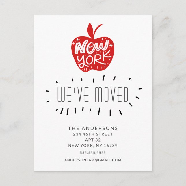 Roligt New York Red Apple Flytta Announcement Card Meddelande Vykort (Framsida)