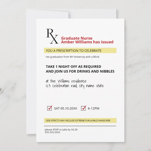 Roligt Novelty Rx-förskrivning Förskrivare Student Inbjudningar (Framsida)