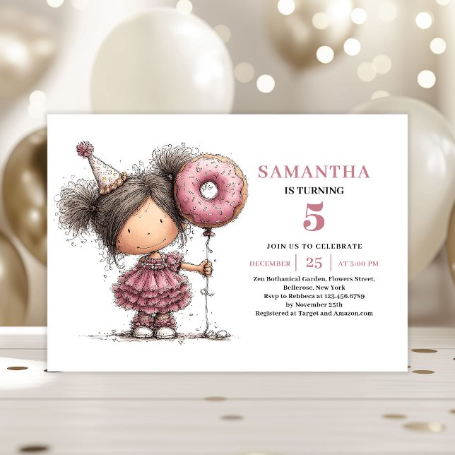 Roligt Nyckfullt Barn 5-års Födelsedagsinbjudan Ro Inbjudningar (Funny Whimsical Kids 5th Birthday Invite Pink)