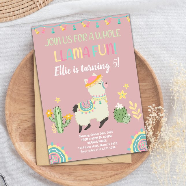 Roligt och färgfull Fiesta Party Card-för barn ell Inbjudningar (Llama invitations)