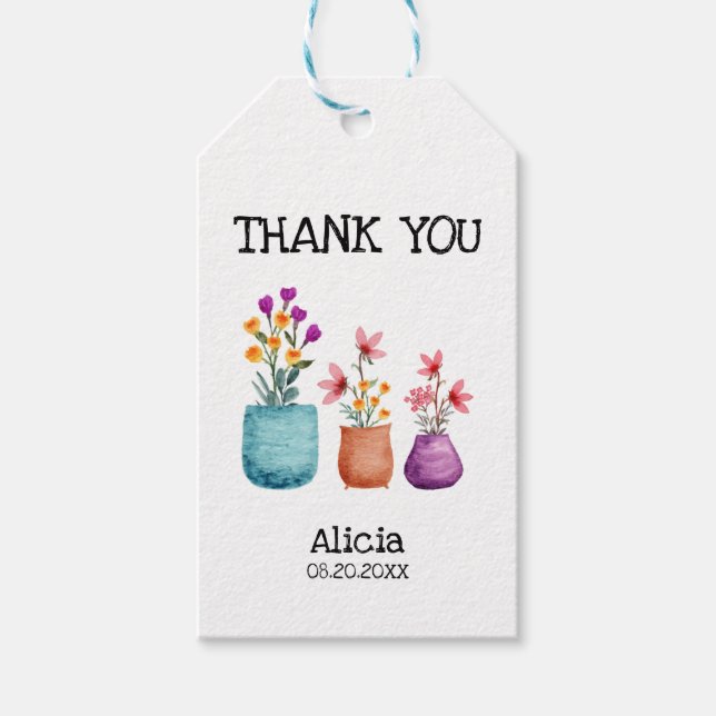 Roligt och färglöst blomma på vattenfärgens Pot-Ta Presentetikett (Framsidan)