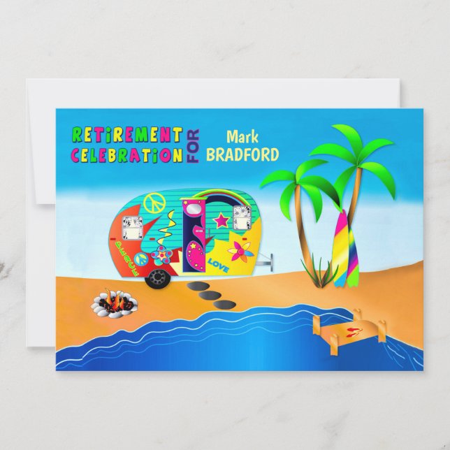 Roligt och färgstark Hippie Camper Pension Inbjudningar (Framsida)
