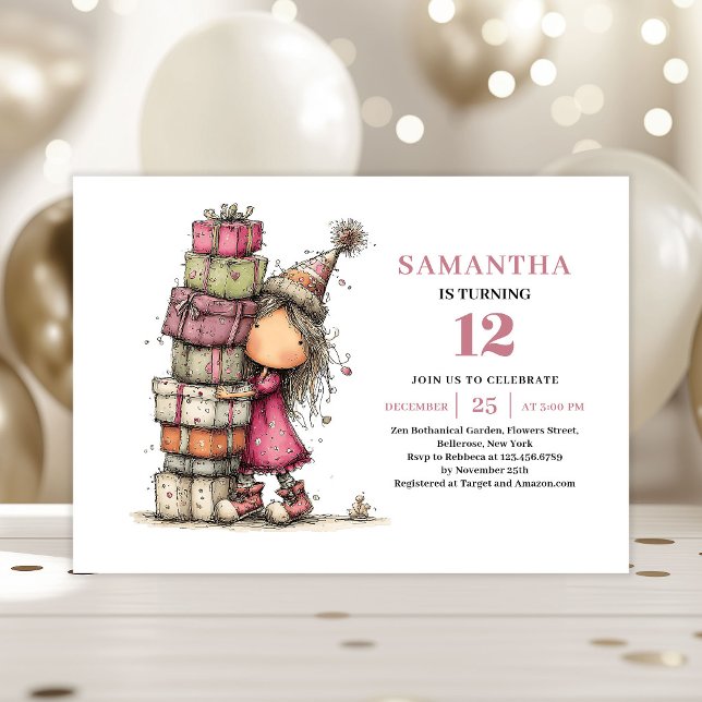 Roligt och nyckfullt födelsedagsinbjudan för barn  inbjudningar (Funny Whimsy Kids Birthday Invitation Pink Download)