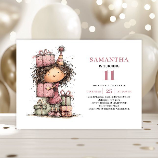 Roligt och nyckfullt födelsedagsinbjudan för barn  inbjudningar (Funny Whimsy Kids 11th Birthday Invitation Pink)