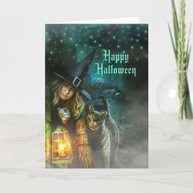 Roligt och Spooky Witch och Cat Halloween Helgkort (Framsida)