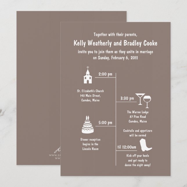 Roligt och Stollig Brown Bröllop tidslinje Inbjudningar (Fram/baksida)