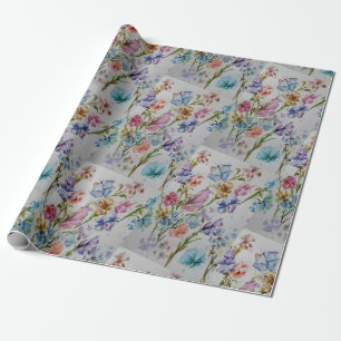 Roligt och vitaktiga fjärilar och blommor presentpapper