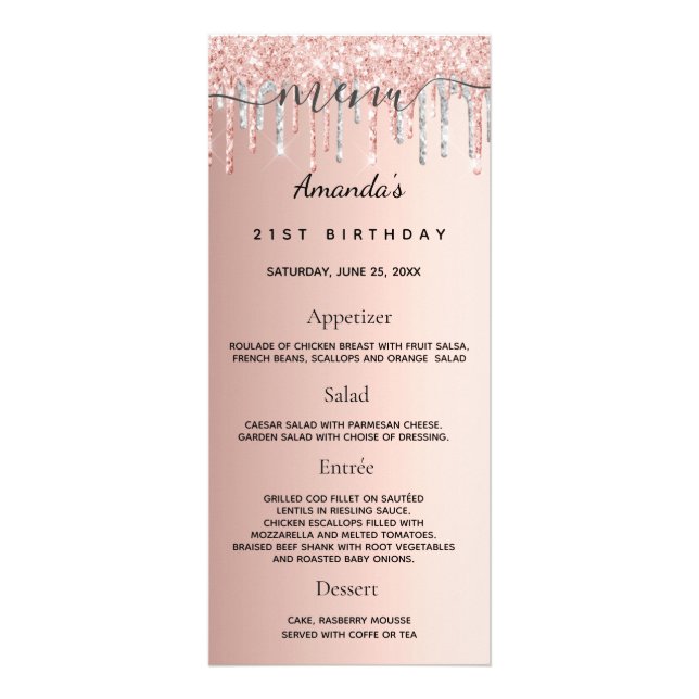 Roligt om födelsedagen Menu ro guld glitter silver Reklamkort (Framsidan)