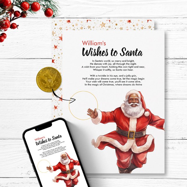 Roligt Önskemål till Santa DIY Coin Card Magic Jul Julkort (Wishes to Santa DIY Coin Card Magic Christmas Black Mr Claus wishing north pole letter Vintage retro)
