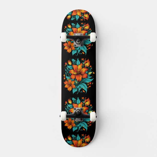Roligt Orange Flowers Mini Skateboard Bräda 18,5 Cm (Framsida)