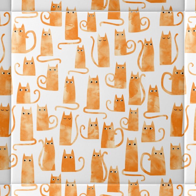 Roligt Orange Katt Kakelplatta (Ginger Orange Cat watercolor pattern ceramic tile for animal lovers)