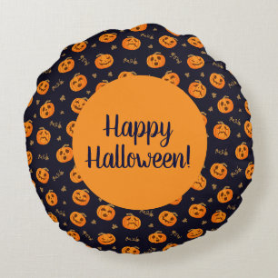 Roligt orange pumpamönster för happy halloween rund kudde