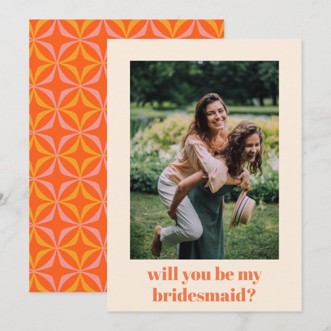Roligt Orange Retro Mönster Bridesmaid Frieri Anteckningskort (Fram/baksida)