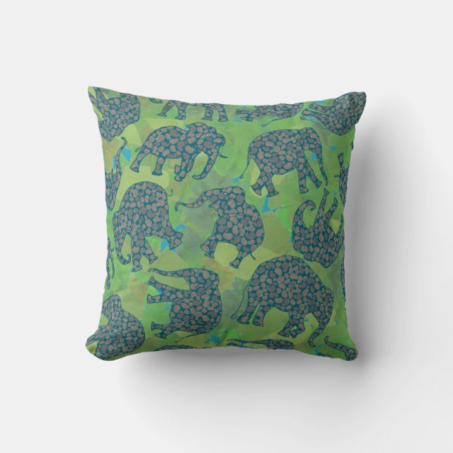 Roligt Paisley Elephants, Jungle Grönt Lövs Pillow Kudde (Framsida)