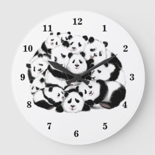 Roligt Pandas Clock - Big Hugs - Black White Paint Stor Klocka
