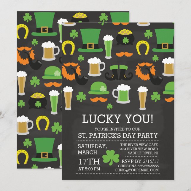 Roligt party för svart tavlast patrick's daymiddag inbjudningar (Fram/baksida)