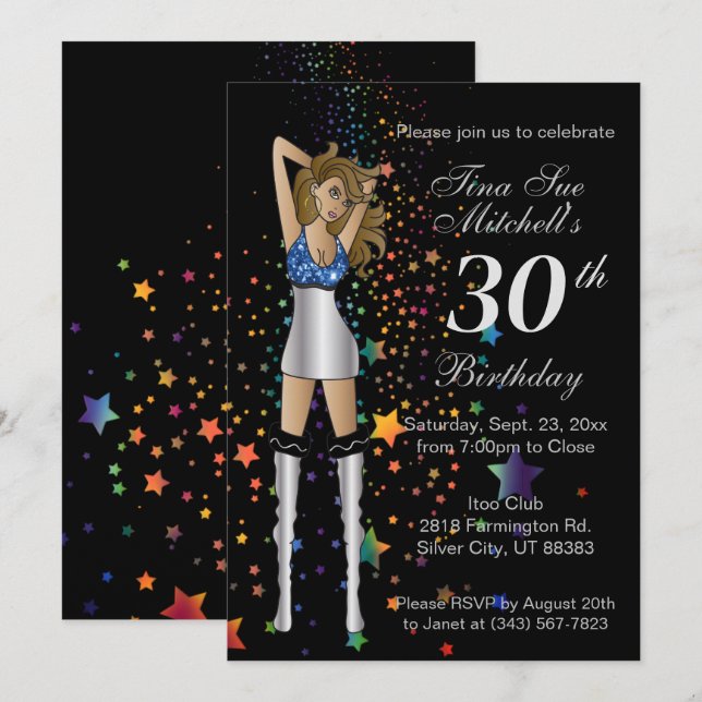 Roligt Party Girl Birthday Inbjudningar (Fram/baksida)