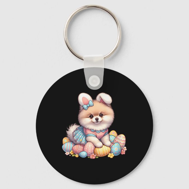 Roligt Påsk Dagen Pommern Bunny Costume Nyckelring (Framsida)