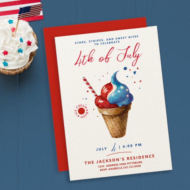 Roligt Patriotic Ice Cream US Flagga Red Watercolo Inbjudningar (Skapare uppladdad)