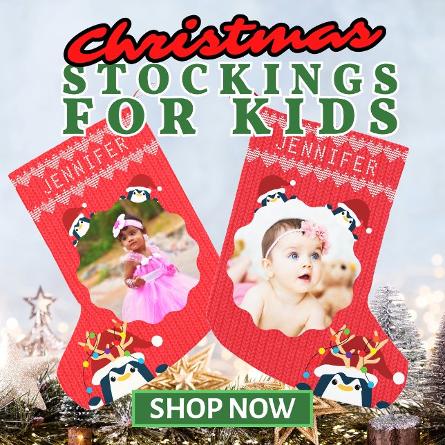 Roligt Penguin ditt foto Namn Cute Baby Småbarn Re Liten Julstrumpa (Penguins Christmas Stockings for Kids and Toddlers with Custom Name & Photo Christmas Sweater Style)