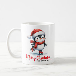 Roligt Penguin Ice Skater White Red God jul Kaffemugg